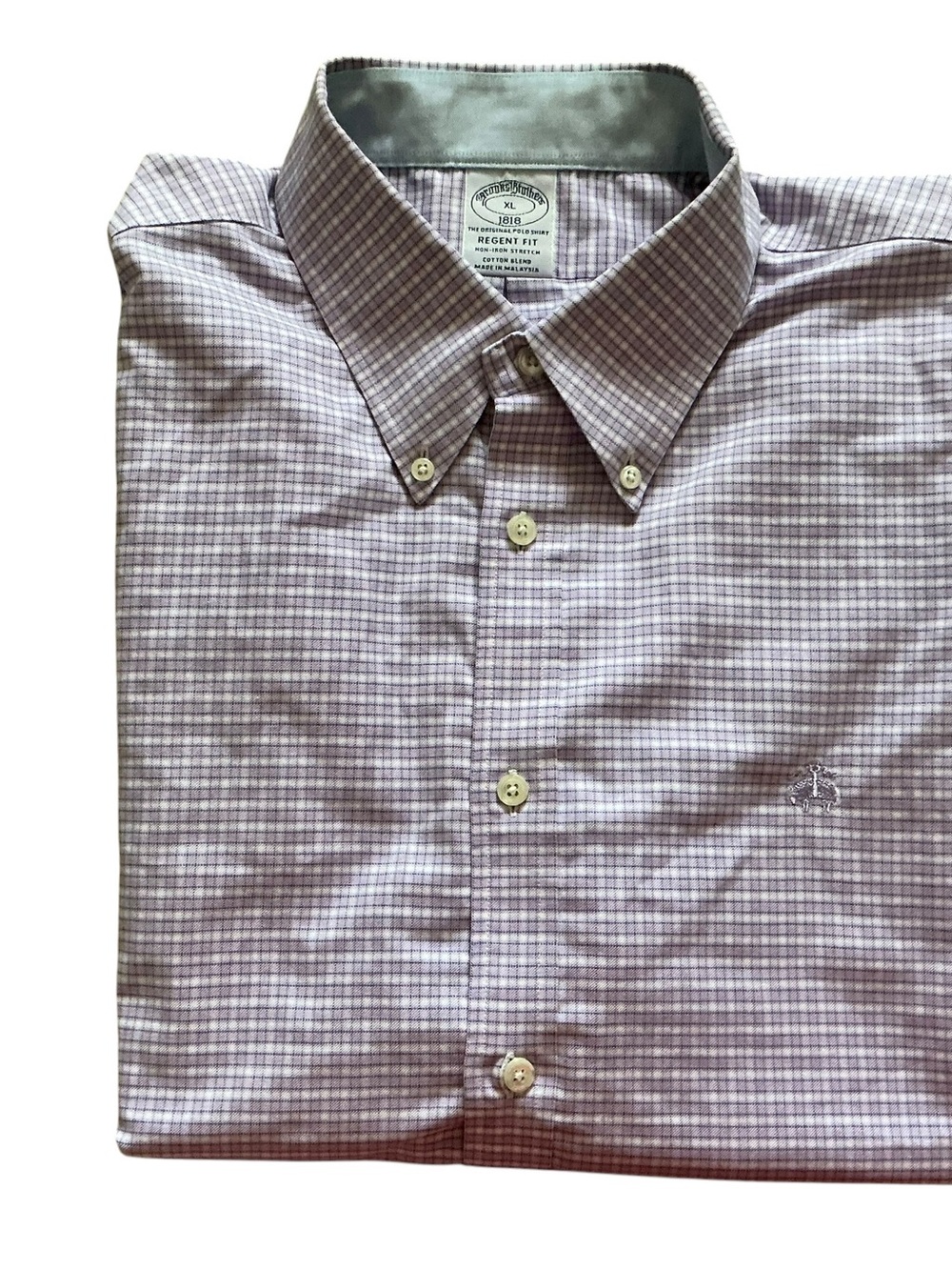 Brooks brothers regent fit lilac and white plaid non-iron button up long sleeve